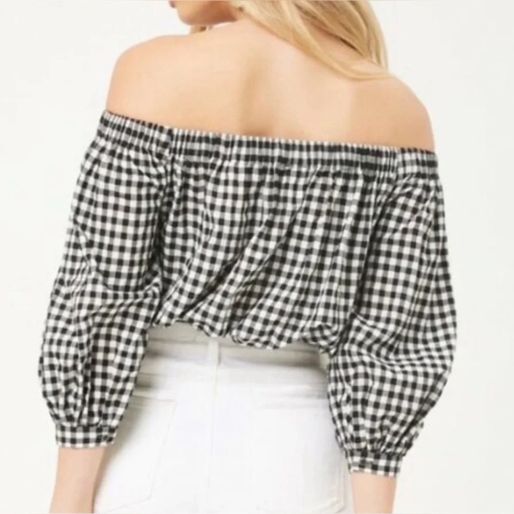 Forever 21 Cropped Buffalo Check Peasant Top w/Tie Front-Size Medium (NWT) - Picture 3 of 9